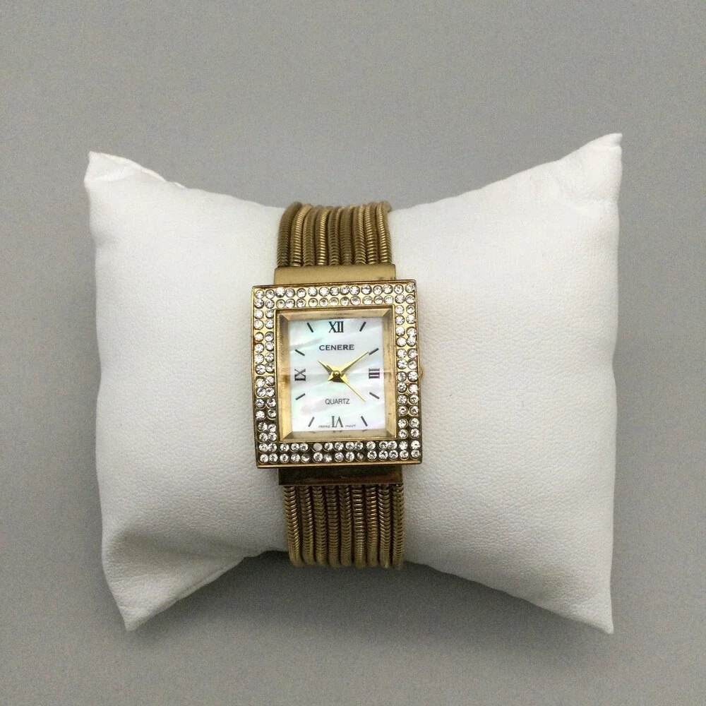 Cenere Womens Watch 24mm White MOP Dial Gold Tone Crystals New Battery 7.25